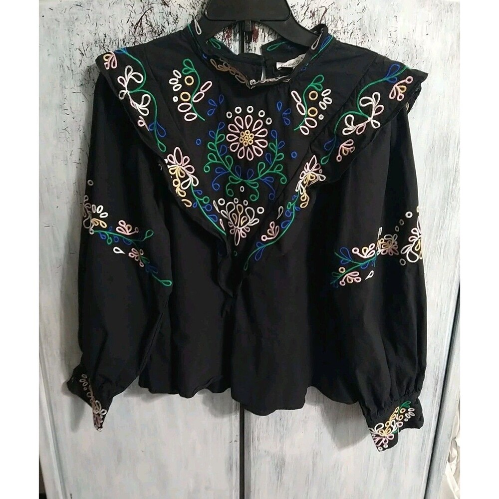 See And Be Seen Puff Sleeve Embroidered Top Black Md Boho Peasant Feminine...